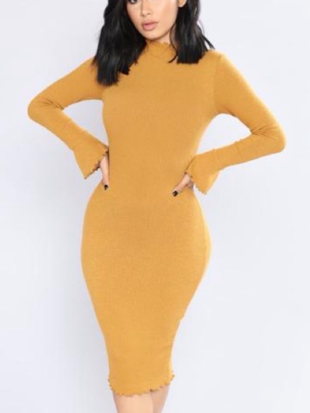 Fashion Nova Shana Ribbed Long Sleeve Midi Dress